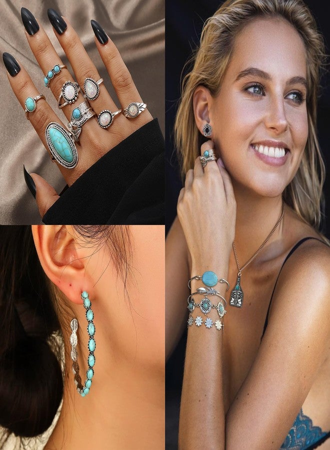 MEDOJO 26 Pcs Boho Jewelry Set for Women Bohemian Layered Western Necklace Stackable Turquoise Ring Turquoise Hoop Dangle Earrings Studs - Image 4